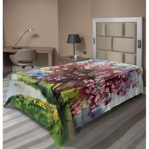 Abakuhaus Lenzuolo, Dipinto Con Paesaggio Primaverile, Natura In Fiore E Erba Fresca, Lenzuolo Morbido E Confortevole Per Un Letto Decorativo, 1 Pezzo, 190 Cm X 100 Cm, Verde Rosa-image