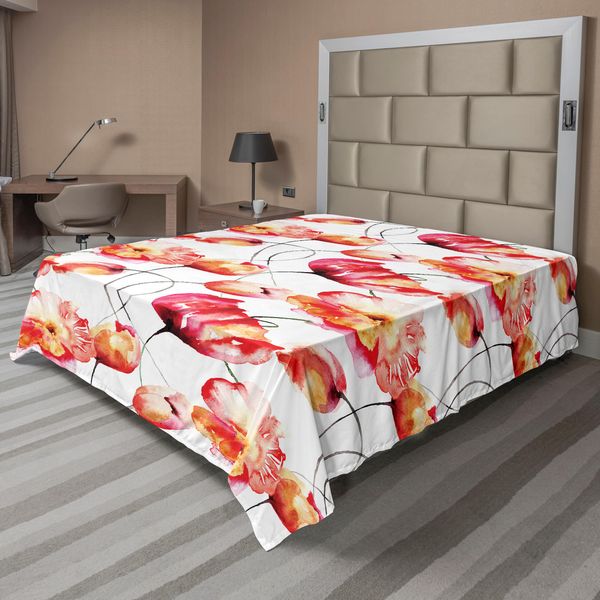 Abakuhaus Lenzuolo Con Fiori Acquerellati, Grandi Papaveri E Tulipani, Dipinto Floreale, Stagione Primaverile, Lenzuolo Morbido E Confortevole Per Un Letto Decorativo, 1 Pezzo, 244 Cm X 205 Cm, Rosso, Bianco, Arancione-image