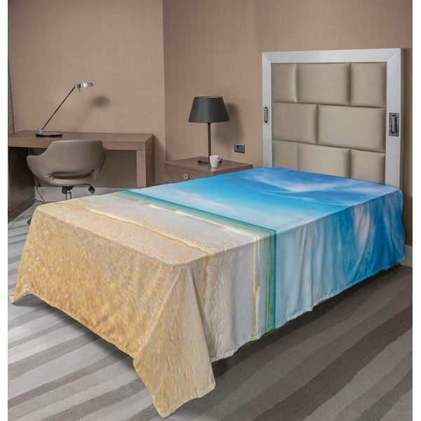 Abakuhaus Lenzuolo Oceano, Mare E Cielo Paesaggio Sulla Spiaggia Tropicale Esotico Hawaii Caraibi, Morbido E Confortevole Lenzuolo Superiore Per Un Letto Decorativo 1 Pezzo 190 Cm X 100 Cm, Crema Blu-image