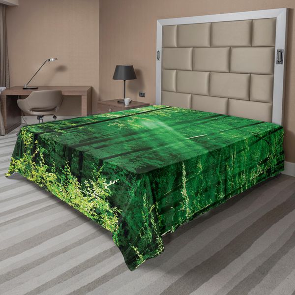 Abakuhaus Lenzuolo Da Letto Bosco, Raggi Di Sole, Foglie Degli Alberi Del Bosco, Nebbia Mattutina, Serenità, Immagine Scoppiettante, Lenzuolo Morbido E Confortevole Per Un Letto Decorativo, 1 Pezzo, 244 Cm X 205 Cm, Verde Bianco-image