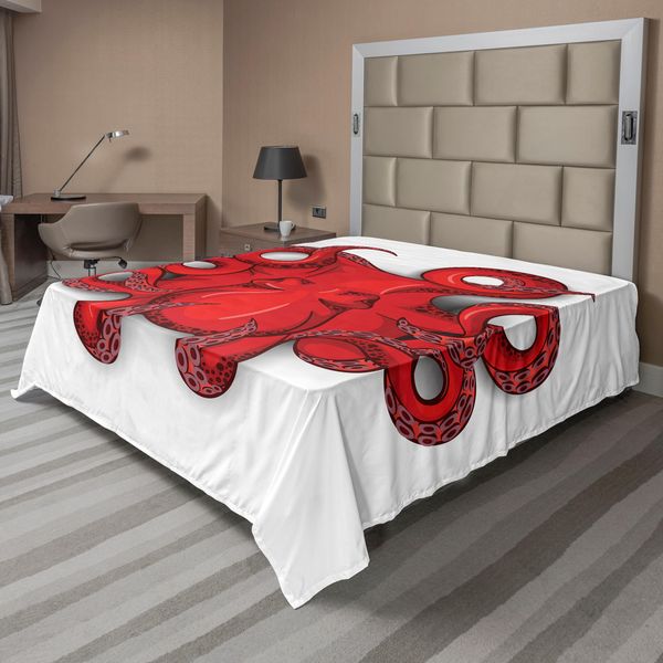 Abakuhaus Lenzuolo Con Calamaro, Polipo, Tentacoli Marini Tropicali E Ombre, Stampa Grafica Semplice, Lenzuolo Morbido E Confortevole Per Un Letto Decorativo, 1 Pezzo, 266 Cm X 260 Cm, Rosso-image