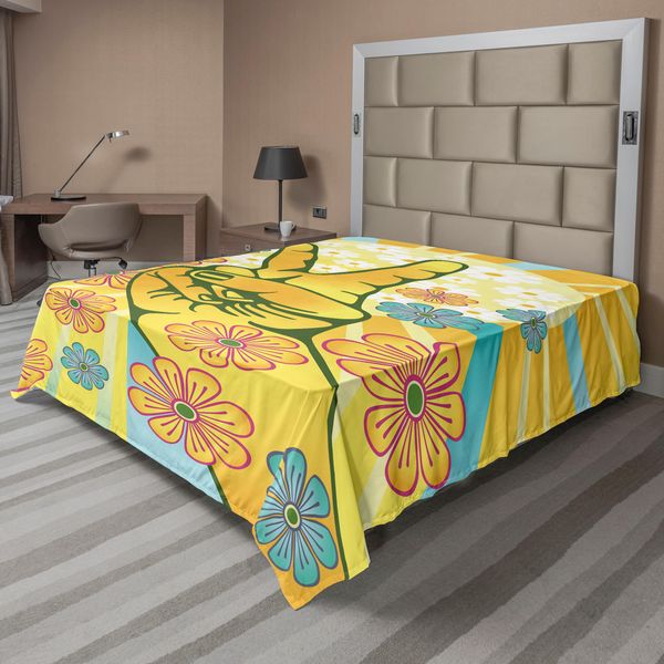 Abakuhaus Fantastico Lenzuolo, Simbolo Della Pace Con Fiori E Raggi Di Sole Funky Modern Art, Morbido E Confortevole Lenzuolo Superiore Per Un Letto Decorativo 1 Pezzo 275 Cm X 260 Cm, Blu Giallo Rosa-image