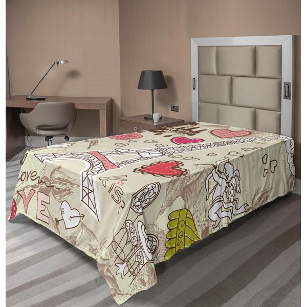 Abakuhaus Paris Lenzuolo, Illustrazione Scarabocchiata Torre Eiffel Cuore Candeliere Fiori Tema Vintage, Lenzuolo Morbido E Confortevole Per Un Letto Decorativo 1 Pezzo 260 Cm X 168 Cm, Beige Rosa-image