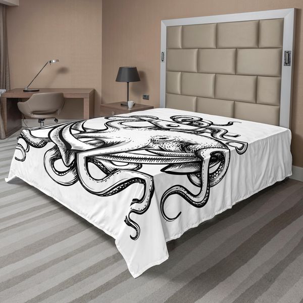 Abakuhaus Lenzuolo Con Motivo Calamaro, Tema Marino Con Ancora E Polipo Dai Lunghi Tentacoli, Stile Schizzo, Creatura Marina, Lenzuolo Morbido E Confortevole Per Un Letto Decorativo, 1 Pezzo, 244 Cm X 205 Cm, Nero-image