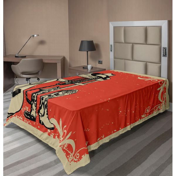 Abakuhaus Lenzuolo Occidentale, Immagine Con Elementi Del Selvaggio West Con Chitarra Country E Stivali Da Cowboy In Stile Retrò, Lenzuolo Morbido E Confortevole Per Un Letto Decorativo 1 Pezzo 260 Cm X 168 Cm, Arancione Beige-image