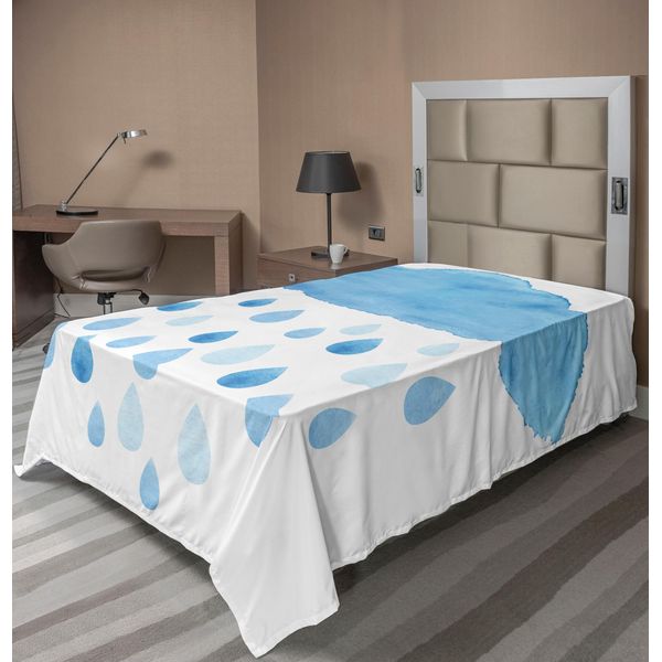Abakuhaus Lenzuolo Naturale, Effetto Acquerello Con Gocce Di Pioggia E Nuvole, Simpatica Illustrazione Artistica, Lenzuolo Morbido E Confortevole Per Un Letto Decorativo, 1 Pezzo 190 Cm X 100 Cm, Blu E Bianco-image