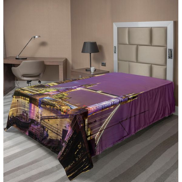 Abakuhaus London Lenzuolo, Torre Ponte A Londra Di Notte Monumento Storico Culturale Europa Britannico Urbano, Morbido E Confortevole Lenzuolo Superiore Per Un Letto Decorativo 1 Pezzo 190 Cm X 100 Cm, Viola Giallo-image