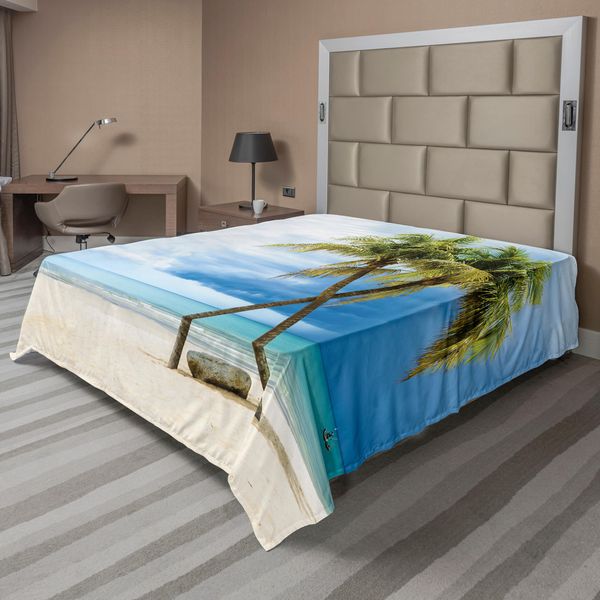 Abakuhaus Lenzuolo Hawaiano, Cielo Nuvoloso, Barca, Palma Marina, Sabbia, Spiaggia, Thailandia, Vista Mare, Stampa, Lenzuolo Morbido E Confortevole Per Un Letto Decorativo, 1 Pezzo, 260 Cm X 228 Cm, Verde Blu-image
