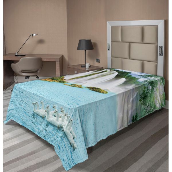 Abakuhaus Lenzuolo Con Cascata, Immagine Di Una Grande Cascata Con Cigni Nel Lago, Stampa Naturale Di Una Giornata Di Sole, Lenzuolo Superiore Morbido E Confortevole Per Un Letto Decorativo, 1 Pezzo, 190 Cm X 100 Cm, Verde, Bianco, Blu-image