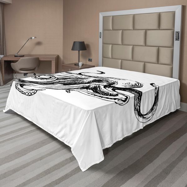 Abakuhaus Lenzuolo Con Calamaro, Illustrazione Marina Selvaggia Il Polipo Con Grande Arte Nautica, Lenzuolo Morbido E Confortevole Per Un Letto Decorativo 1 Pezzo 244 Cm X 205 Cm, Nero-image