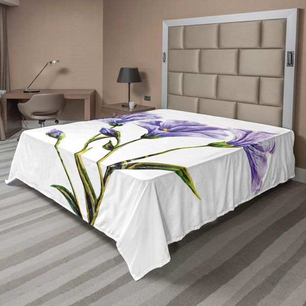 Abakuhaus Lenzuolo Con Fiori Acquerellati, Disegno Di Fiori Selvatici Tema Romantico Estivo Madre Terra, Lenzuolo Morbido E Confortevole Per Un Letto Decorativo 1 Pezzo 244 Cm X 205 Cm, Bianco Viola Verde-image