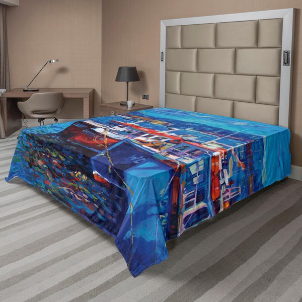 Abakuhaus Lenzuolo, Barche A Vela, Navi, Riva, Porto, Mare, Piccola Città Rurale Di Pescatori, Grafica, Lenzuolo Morbido E Confortevole Per Un Letto Decorativo, 1 Pezzo, 266 Cm X 260 Cm, Blu Navy E Rosso.-image