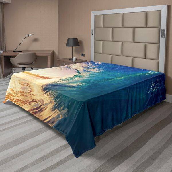 Abakuhaus Lenzuolo Oceano, Onda Dell'oceano All'alba Riflesso Su Un Albero Tropicale Immagine Della Costa, Lenzuolo Morbido E Confortevole Per Un Letto Decorativo 1 Pezzo 260 Cm X 228 Cm, Verde Acqua Giallo-image