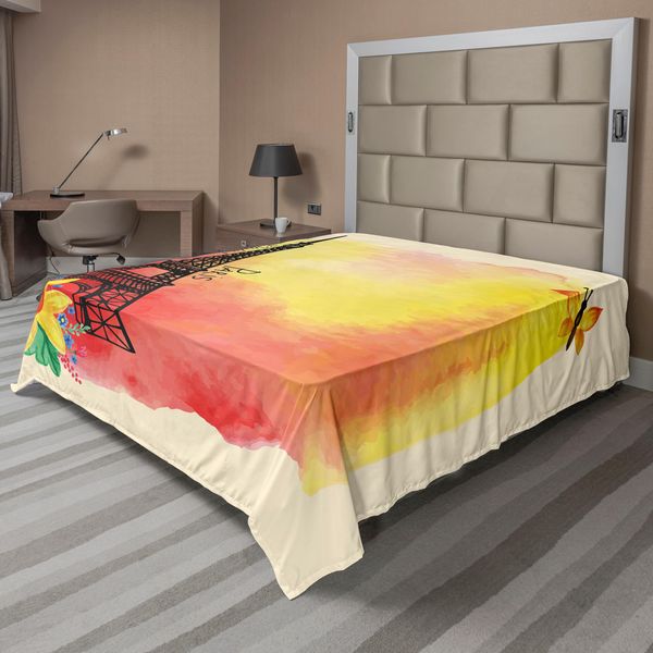 Abakuhaus Paris Lenzuolo, Romantico Acquerello Floreale Immagine Torre Eiffel Farfalle Stile Storico Francese, Morbido E Confortevole Lenzuolo Superiore Per Un Letto Decorativo 1 Pezzo 266 Cm X 260 Cm, Multicolore-image