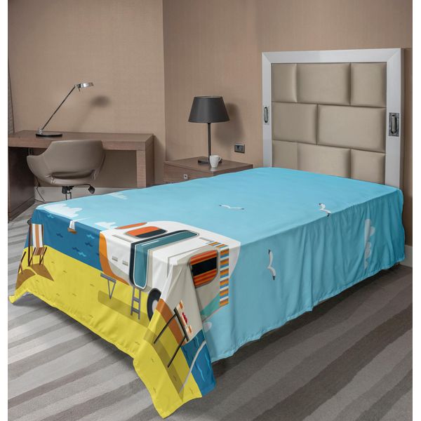 Abakuhaus Lenzuolo Da Letto, Illustrazione Estate Caravan Costa Nuvole Gabbiani Paesaggio Stampa, Morbido E Confortevole Lenzuolo Superiore Per Un Letto Decorativo 1 Pezzo 190 Cm X 100 Cm, Acquamarina Giallo-image