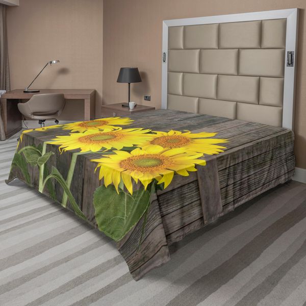Abakuhaus Lenzuolo Con Motivo Girasoli, Girasoli Helianthus Contro Recinzione Invecchiata E Consumata Dal Tempo Foto Giardino Estivo, Lenzuolo Morbido E Confortevole Per Un Letto Decorativo 1 Pezzo 260 Cm X 228 Cm, Giallo Verde Marrone-image