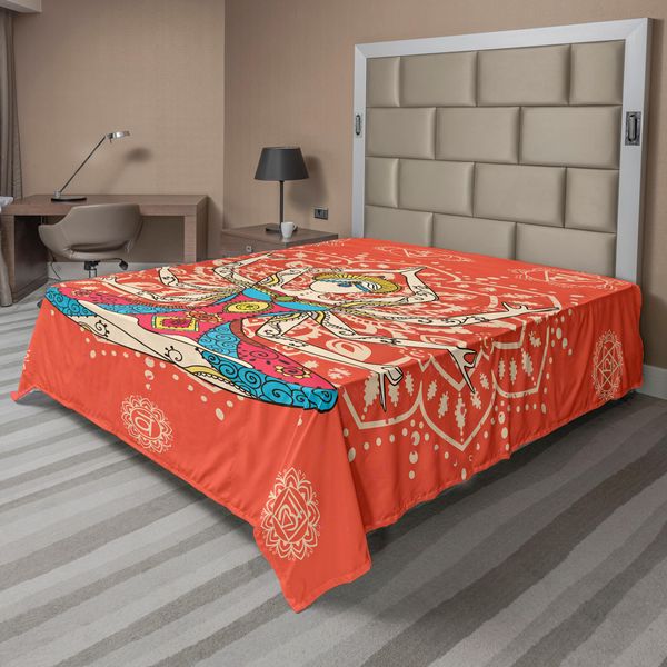 Abakuhaus Lenzuolo Da Yoga, Tecnica Yoga Con Costume Etnico Disciplina Zen Corpo Mente Ornamenti Motivi, Lenzuolo Superiore Morbido E Confortevole Per Un Letto Decorativo 1 Pezzo 260 Cm X 228 Cm, Crema Rosso Verde Acqua-image