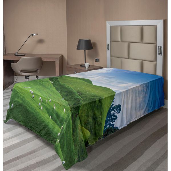 Abakuhaus Lenzuolo Rustico, Pecore Sotto Il Cielo Blu, Alberi, Prati, Altopiani, Paesaggio, Immagine, Lenzuolo Morbido E Confortevole Per Un Letto Decorativo, 1 Pezzo, 190 Cm X 100 Cm, Verde Bianco-image