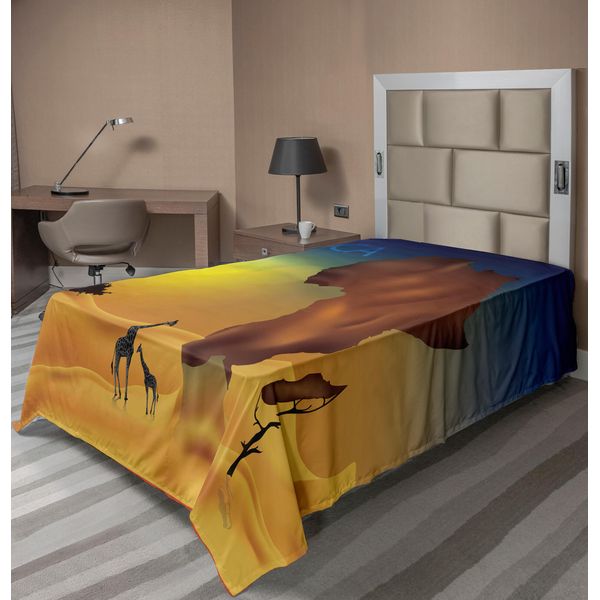 Abakuhaus Lenzuolo Safari, Savana Giraffe Esotico Tropicale Paese Cultura Natura Arte Illustrazione, Morbido E Confortevole Lenzuolo Superiore Per Un Letto Decorativo 1 Pezzo 190 Cm X 100 Cm, Cioccolato Arancione Blu-image