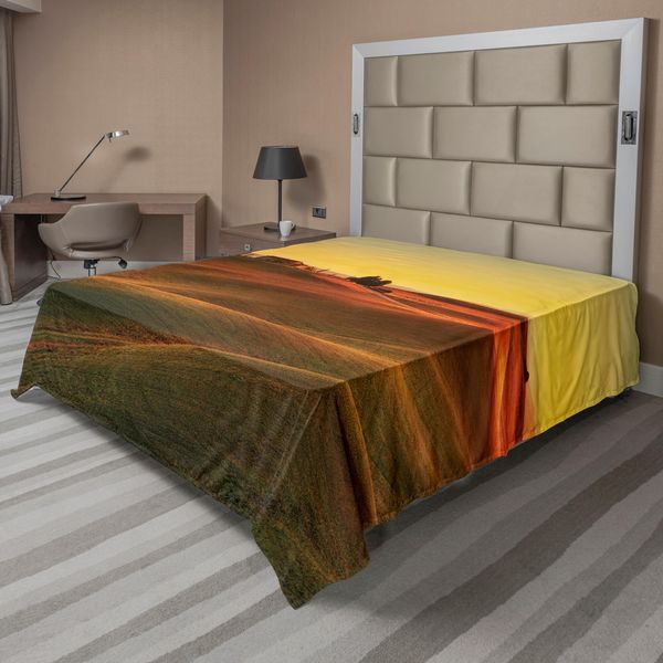 Abakuhaus Lenzuolo Italiano, Paesaggio Mediterraneo Europeo, Stampa Fattoria Di Campagna, Lenzuolo Morbido E Confortevole Per Un Letto Decorativo, 1 Pezzo, 275 Cm X 260 Cm, Arancione E Bianco-image