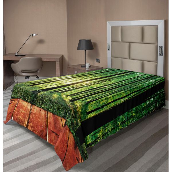 Abakuhaus Lenzuolo Da Letto Bosco, Immagini Di Alberi E Boschi Con Raggi Di Sole Interni Come Sfondo, Stampa Artistica Su Pavimento In Legno, Lenzuolo Morbido E Confortevole Per Un Letto Decorativo, 1 Pezzo, 190 Cm X 100 Cm, Verde Marrone-image