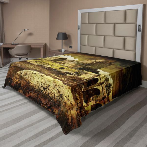 Abakuhaus Lenzuolo Medievale, Antico Castello Scozzese, Stile Vintage, Cultura Medievale Europea, Patrimonio Culturale, Foto Di Città, Lenzuolo Morbido E Confortevole Per Un Letto Decorativo, 1 Pezzo, 260 Cm X 228 Cm, Grigio Verde-image