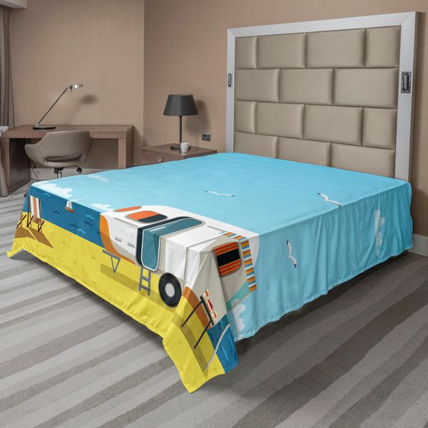 Abakuhaus Lenzuolo Da Letto, Illustrazione Estate Caravan Costa Nuvole Gabbiani Paesaggio Stampa, Morbido E Confortevole Lenzuolo Superiore Per Un Letto Decorativo 1 Pezzo 266 Cm X 260 Cm, Acquamarina Giallo-image