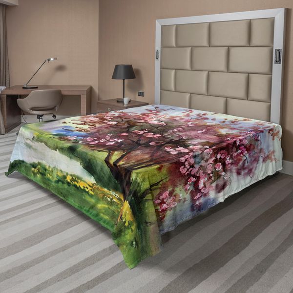 Abakuhaus Lenzuolo, Dipinto Con Paesaggio Primaverile, Natura In Fiore E Erba Fresca, Lenzuolo Morbido E Confortevole Per Un Letto Decorativo, 1 Pezzo, 244 Cm X 205 Cm, Verde Rosa-image