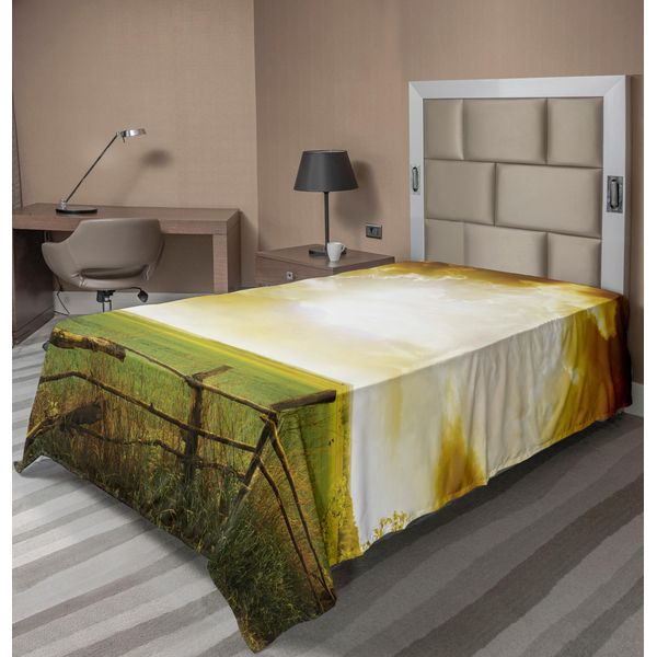 Abakuhaus Lenzuolo, Tramonto Sul Campo In Estate, Siepi, Prati Primaverili, Vista Mattutina, Stampa, Lenzuolo Morbido E Confortevole Per Un Letto Decorativo, 1 Pezzo, 260 Cm X 168 Cm, Verde Giallo-image