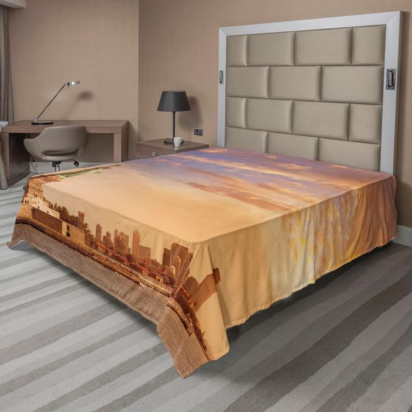 Abakuhaus Lenzuolo Retrò, Statua Della Libertà Simbolo Della Libertà Su Tramonto A New York Con Fiume Grattacieli, Lenzuolo Morbido E Confortevole Per Un Letto Decorativo 1 Pezzo 260 Cm X 228 Cm, Giallo Bianco-image