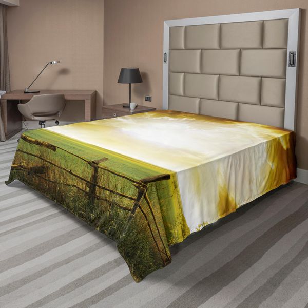 Abakuhaus Lenzuolo, Tramonto Sul Campo In Estate, Siepi, Prati Primaverili, Vista Mattutina, Stampa, Lenzuolo Morbido E Confortevole Per Un Letto Decorativo, 1 Pezzo, 260 Cm X 228 Cm, Verde Giallo-image