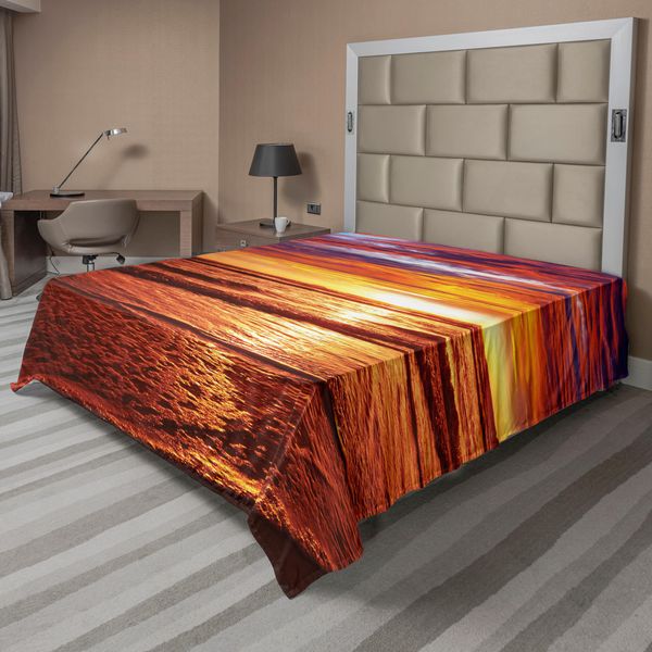 Abakuhaus Lenzuolo Hawaiano, Immagine Spettacolare Del Tramonto Sulla Spiaggia Con Raggi Di Sole, Lenzuolo Morbido E Confortevole Per Un Letto Decorativo, 1 Pezzo, 244 Cm X 205 Cm, Giallo Arancione-image
