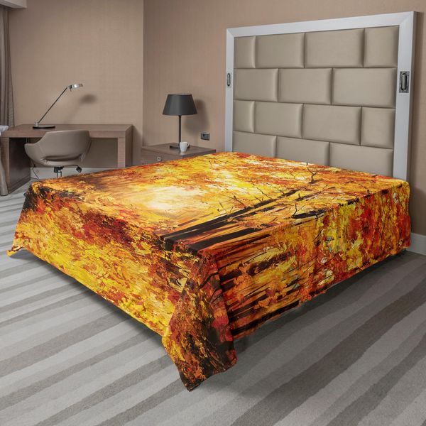 Abakuhaus Lenzuolo, Pale Shaded Autunno Nel Bosco Pastorale Tranquillità Vita Semplice Natura Pittura Arte, Lenzuolo Morbido E Confortevole Per Un Letto Decorativo 1 Pezzo 275 Cm X 260 Cm, Arancione Marrone-image