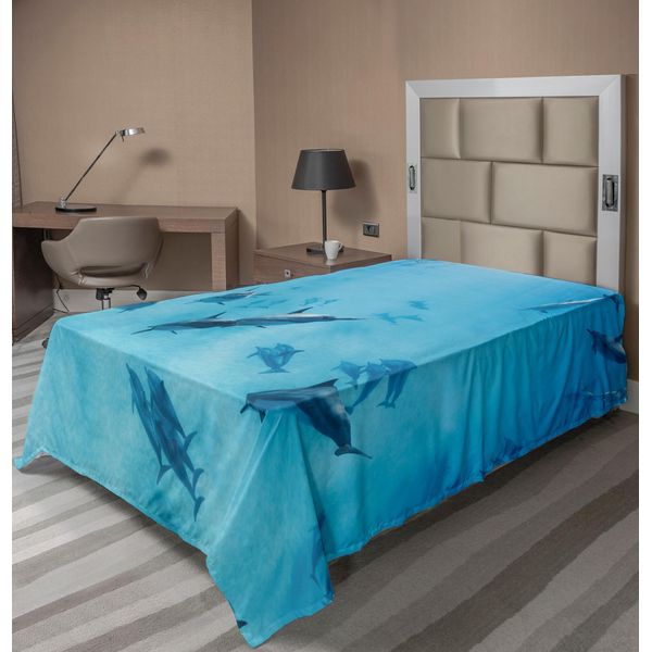 Abakuhaus Lenzuolo Hawaiano, Gruppo Delfini In Hawaii Animali Animali Marini Natura Tropicale Immagine, Lenzuolo Morbido E Confortevole Per Un Letto Decorativo 1 Pezzo 260 Cm X 168 Cm, Blu-image