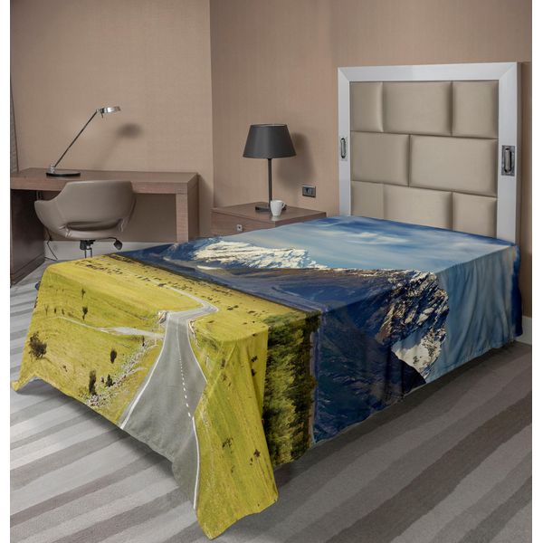 Abakuhaus Lenzuolo Da Letto, Paesaggio Con Strada E Neve Con Montagne Coperte Da Un Cappello Nuova Zelanda, Lenzuolo Morbido E Confortevole Per Un Letto Decorativo 1 Pezzo 260 Cm X 168 Cm, Blu Navy Bianco-image