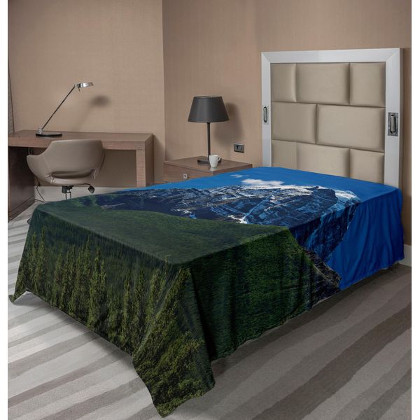 Abakuhaus Lenzuolo Da Letto Montagna, Cime Innevate Con Cielo Limpido E Alberi Variopinti Parco Nazionale, Lenzuolo Morbido E Confortevole Per Un Letto Decorativo 1 Pezzo 190 Cm X 100 Cm, Verde Bianco Blu-image