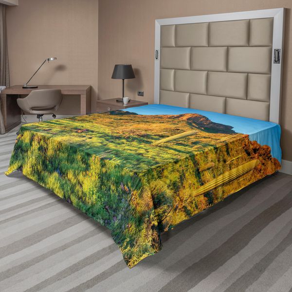 Abakuhaus Lenzuolo Saguaro, Picacho Peak All'alba Circondato Dalla Zona Ostile Di Barren Area, Morbido E Confortevole Lenzuolo Superiore Per Un Letto Decorativo 1 Pezzo 266 Cm X 260 Cm, Verde Blu-image