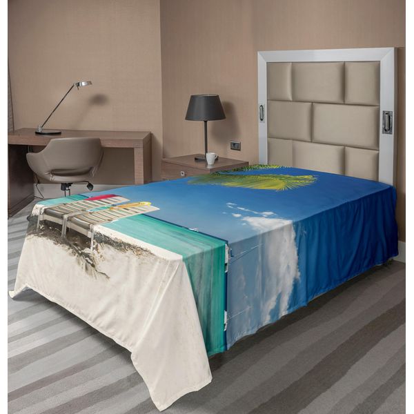 Abakuhaus Lenzuolo Da Letto, Scena Rilassante Su Una Spiaggia Appartata Con Palme, Sedie E Barche, Immagine Panoramica, Lenzuolo Morbido E Confortevole Per Un Letto Decorativo, 1 Pezzo, 190 Cm X 100 Cm, Verde Blu-image