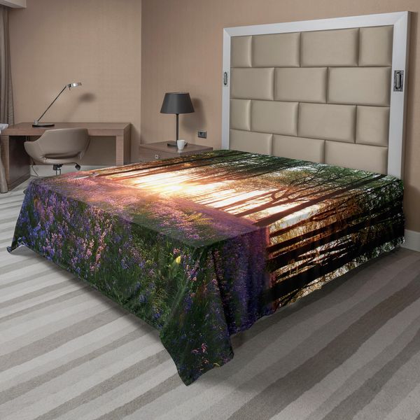 Abakuhaus Lenzuolo Da Letto, Splendida Stampa Con Campanule Blu, Alba E Sole In Una Soleggiata Giornata Primaverile, Morbido E Confortevole Lenzuolo Superiore Per Un Letto Decorativo, 1 Pezzo, 260 Cm X 228 Cm, Viola E Verde.-image