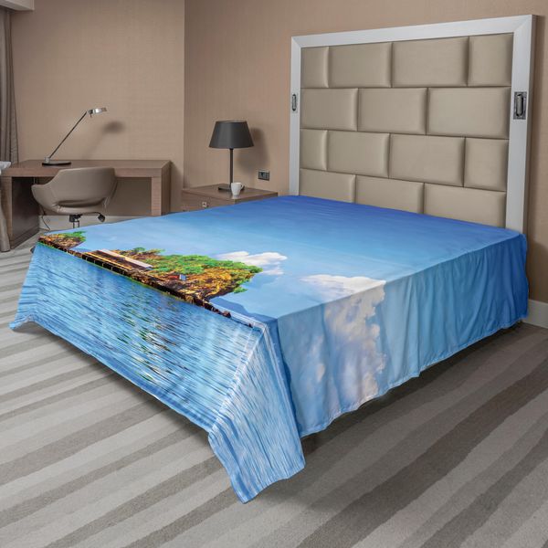 Abakuhaus Lenzuolo, Foto Isole Tropicali Nell'oceano Pacifico Con Cielo Vivace Vista Idillio Pacifico, Morbido E Confortevole Lenzuolo Superiore Per Un Letto Decorativo 1 Pezzo 266 Cm X 260 Cm, Blu Bianco-image
