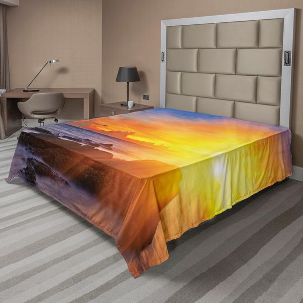 Abakuhaus Lenzuolo Da Letto, Tramonto Colorato Con Cielo Romantico Su Spiaggia Tropicale, Stampa Paesaggio Fantastico, Lenzuolo Morbido E Confortevole Per Un Letto Decorativo, 1 Pezzo, 244 Cm X 205 Cm, Arancione E Blu-image