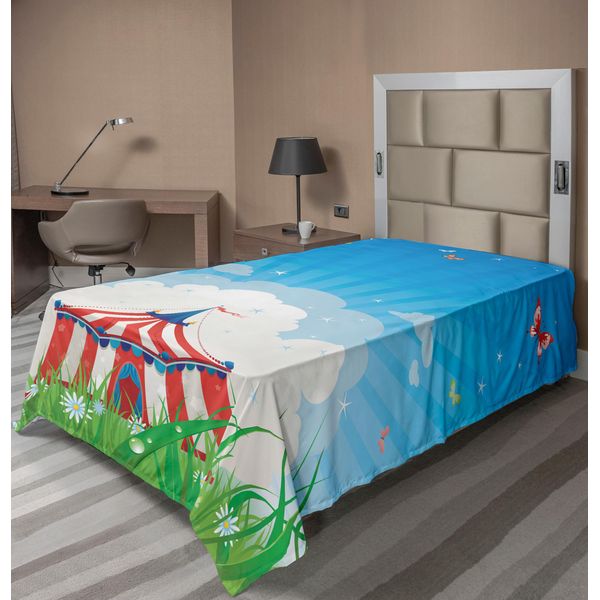 Abakuhaus Lenzuolo Da Letto Circus, Tenda Da Circo Itinerante Con Nuvole, Farfalle E Cielo Sereno Festival Happiness, Morbido E Confortevole Lenzuolo Superiore Per Un Letto Decorativo 1 Pezzo 260 Cm X 168 Cm, Verde Blu Rosso-image
