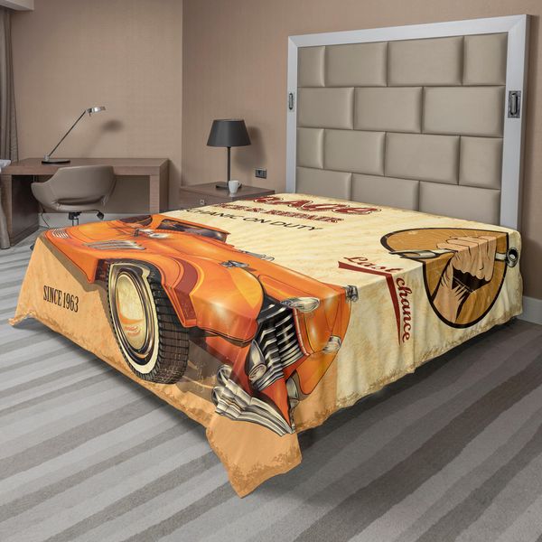 Abakuhaus Lenzuolo Retrò, Pubblicità Vintage Di Garage, Stampa Con Simboli Meccanici E Macchine Da Stampa, Lenzuolo Morbido E Confortevole Per Un Letto Decorativo, 1 Pezzo, 266 Cm X 260 Cm, Arancione Crema Rosso-image