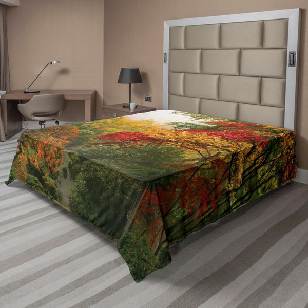 Abakuhaus Lenzuolo Da Letto, Aceri In Autunno A Portland Giardino Giapponese Paesaggio Mattutino Nebbioso, Morbido E Confortevole Lenzuolo Superiore Per Un Letto Decorativo 1 Pezzo 244 Cm X 205 Cm, Giallo Verde Rosso-image