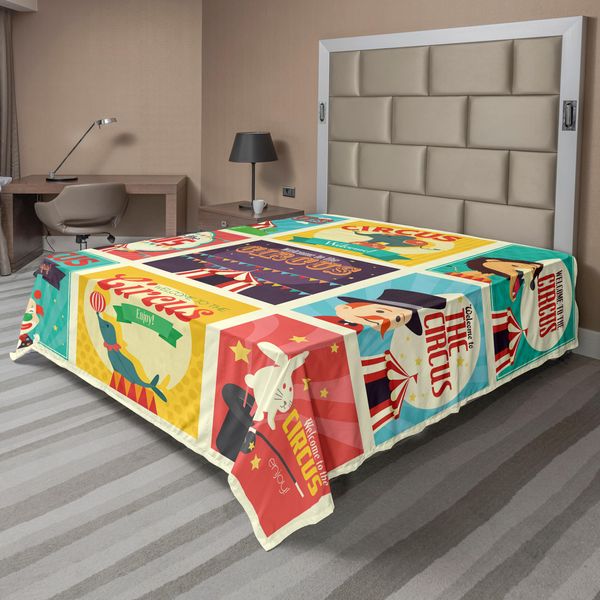 Abakuhaus Lenzuolo Da Letto Circus, Collezione Di Vecchie Icone Circensi, Maghi Di Carnevale, Nostalgico, Festoso, Morbido E Confortevole Lenzuolo Superiore Per Un Letto Decorativo, 1 Pezzo, 275 Cm X 260 Cm, Multicolore-image