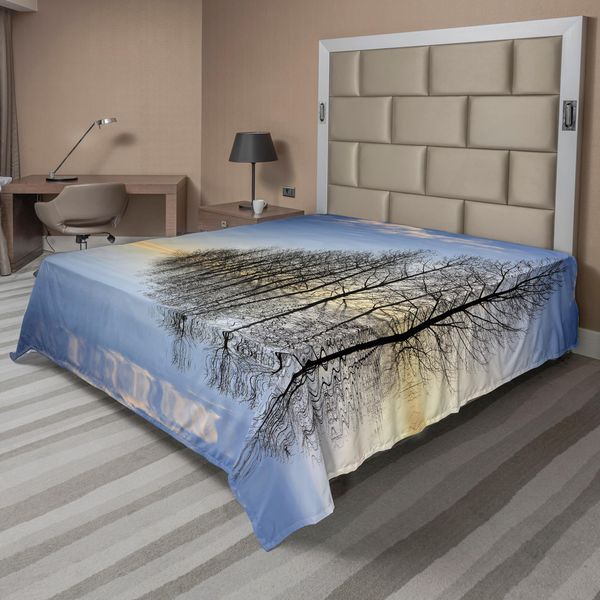 Abakuhaus Lenzuolo Paesaggistico, Alberi Sul Lago Ghiacciato In Inverno Forze Sceniche Dell'arte Stampa, Lenzuolo Superiore Morbido E Confortevole Per Un Letto Decorativo 1 Pezzo 244 Cm X 205 Cm, Marrone Blu-image