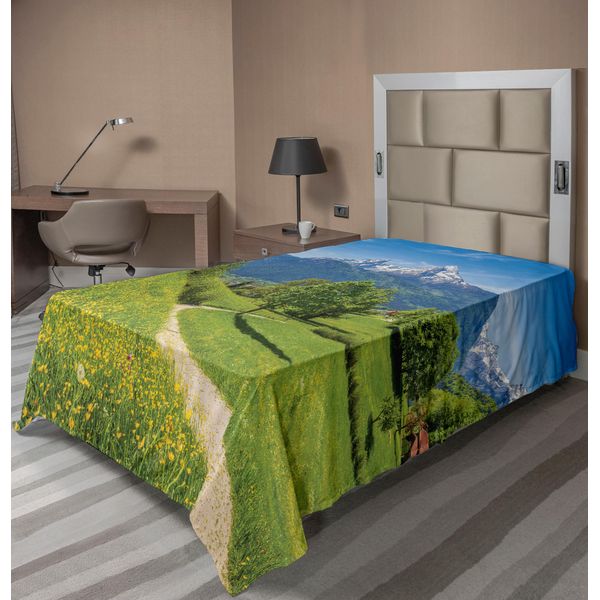 Abakuhaus Lenzuolo Da Letto, Paesaggio Primaverile Nelle Alpi Con Fiori, Erba, Neve, Cime Montuose, Villaggio Rurale, Lenzuolo Morbido E Confortevole Per Un Letto Decorativo, 1 Pezzo, 190 Cm X 100 Cm, Multicolore-image