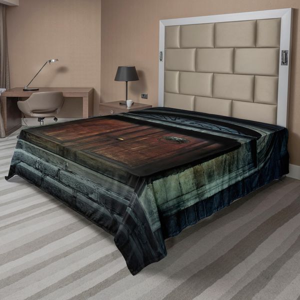 Abakuhaus Lenzuolo Gotico, Foto Della Porta Antica In Legno Della Vecchia Casa Frequentata Di Notte In Stile Gotico, Lenzuolo Morbido E Confortevole Per Un Letto Decorativo 1 Pezzo 260 Cm X 228 Cm, Grigio Marrone-image