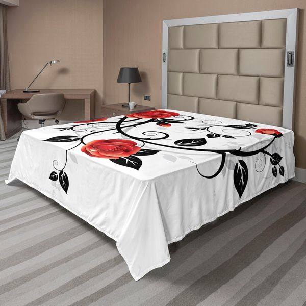 Abakuhaus Lenzuolo Gotico, Decorato Con Motivi Floreali Variabili Con Rose E Fiori Di Giardino, Stampa Grafica Sporca, Lenzuolo Morbido E Confortevole Per Un Letto Decorativo, 1 Pezzo, 244 Cm X 205 Cm, Vermiglio, Nero E Bianco.-image