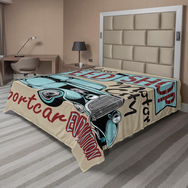 Abakuhaus Lenzuolo Retrò, Stampa Pubblicitaria Nostalgica Auto Sportiva D'epoca In Design Retrò Color Ruggine, Lenzuolo Morbido E Confortevole Per Un Letto Decorativo 1 Pezzo 266 Cm X 260 Cm, Verde Acqua Rosso-Marrone-image